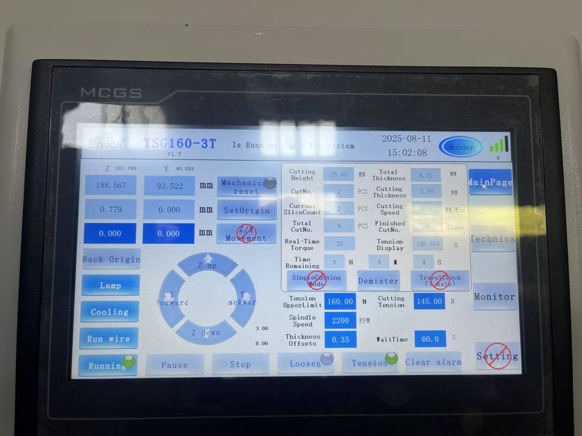ESO-GM cutting parameter screen showing wire speed tension and feed settings